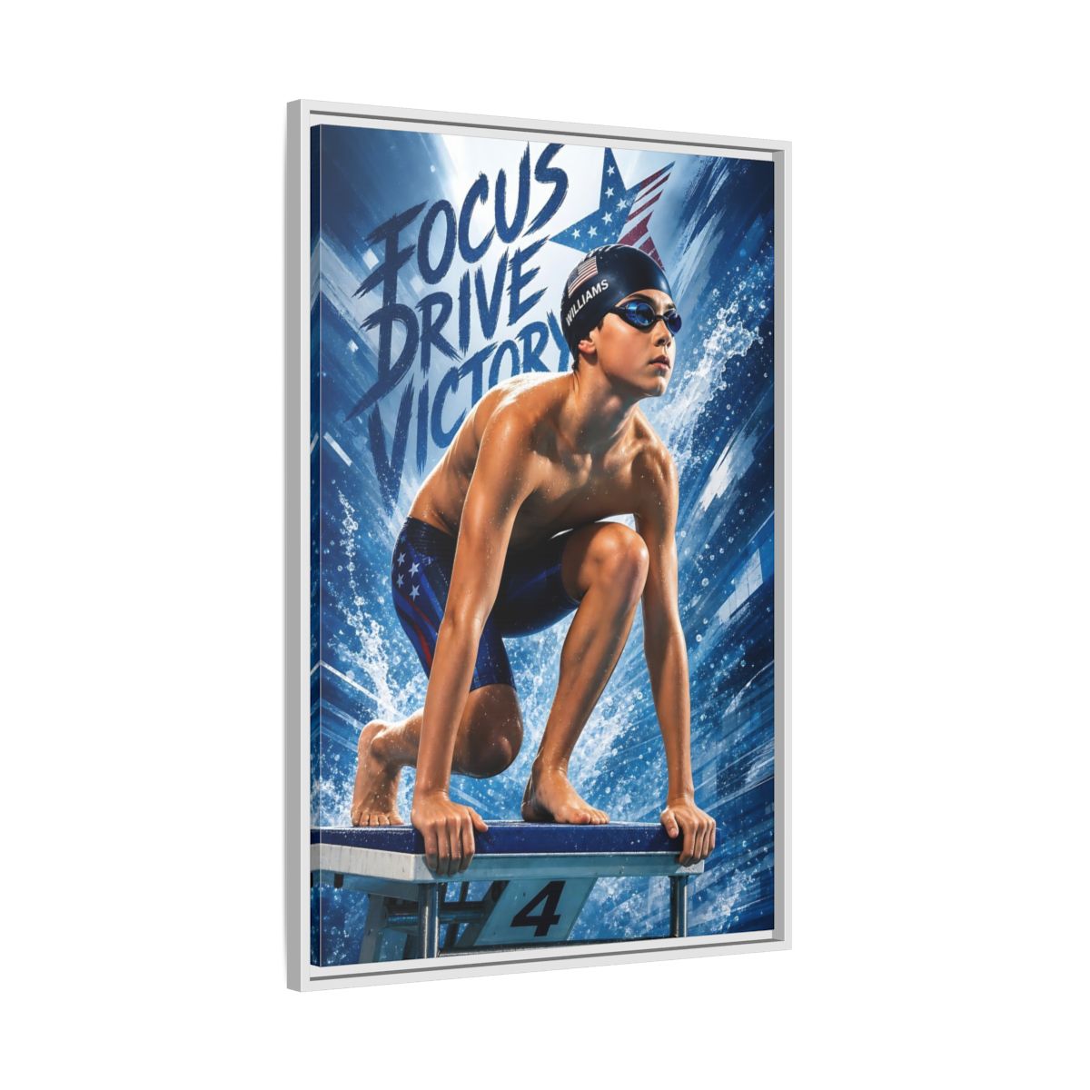 Side Mockup 9. Young Competitive Swimmer shown as framed canvas print