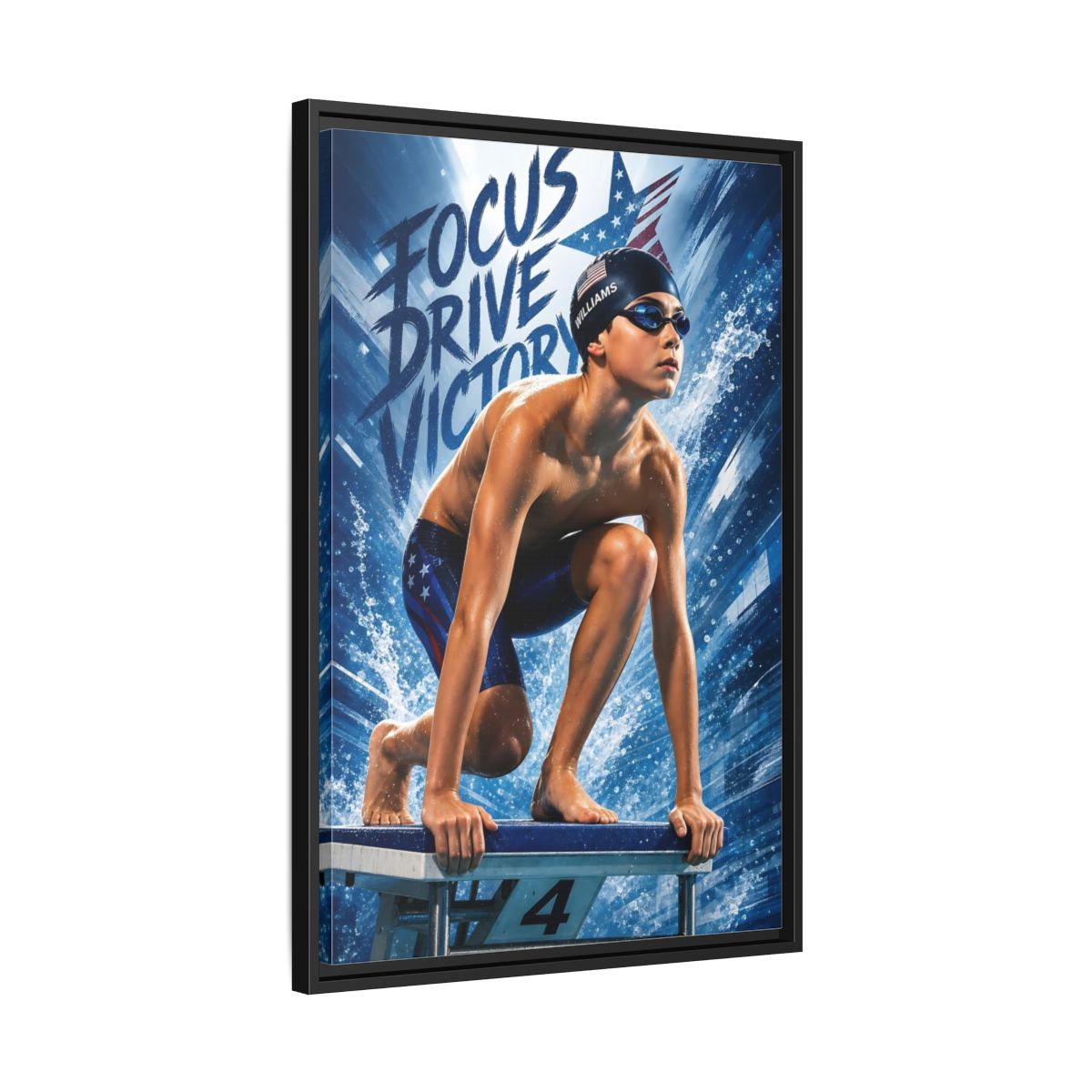 Side Mockup 14. Young Competitive Swimmer shown as framed canvas print