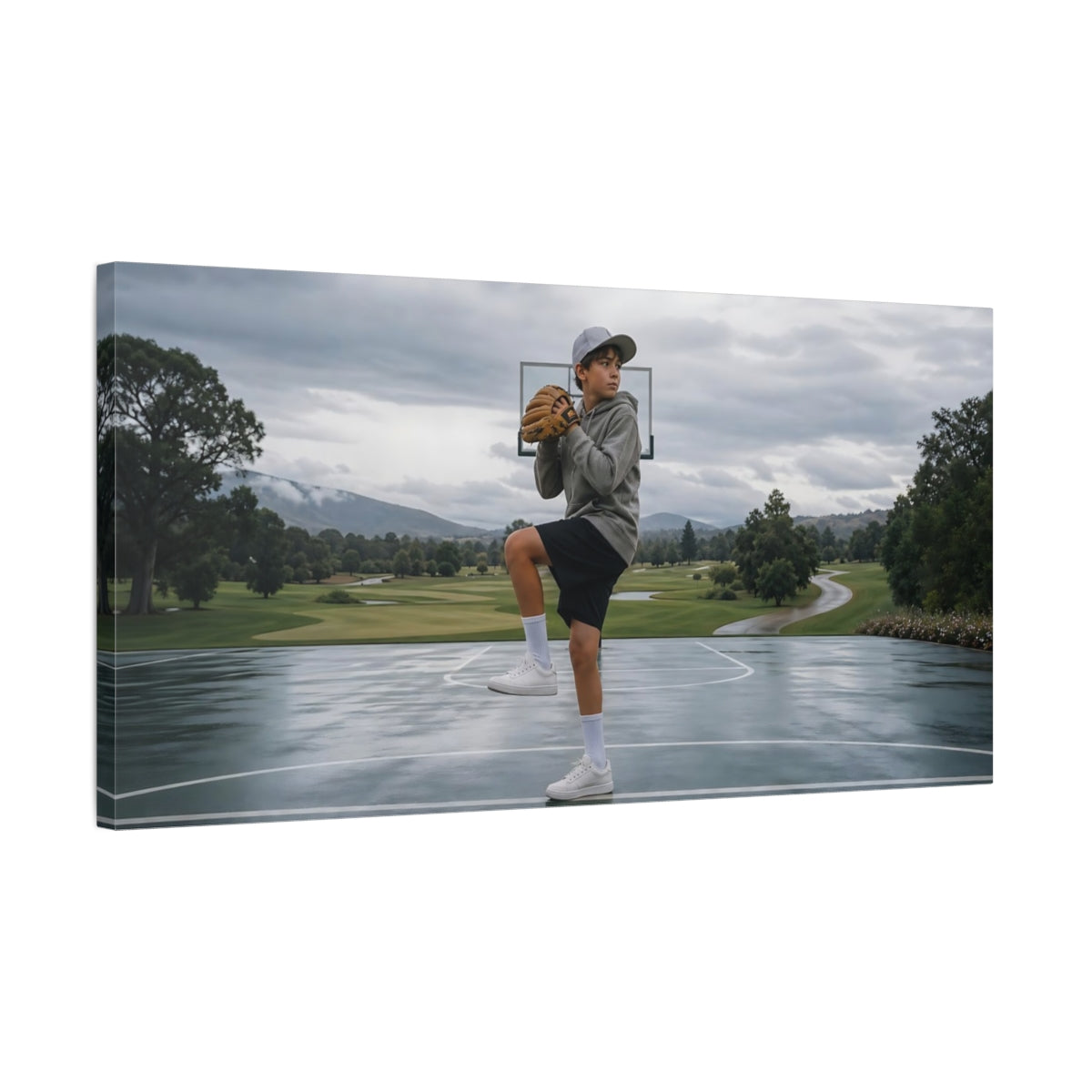 Side Mockup 1. Young Pitcher On Wet Court shown as canvas print