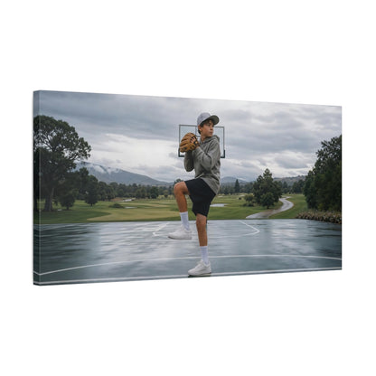 Side Mockup 1. Young Pitcher On Wet Court shown as canvas print
