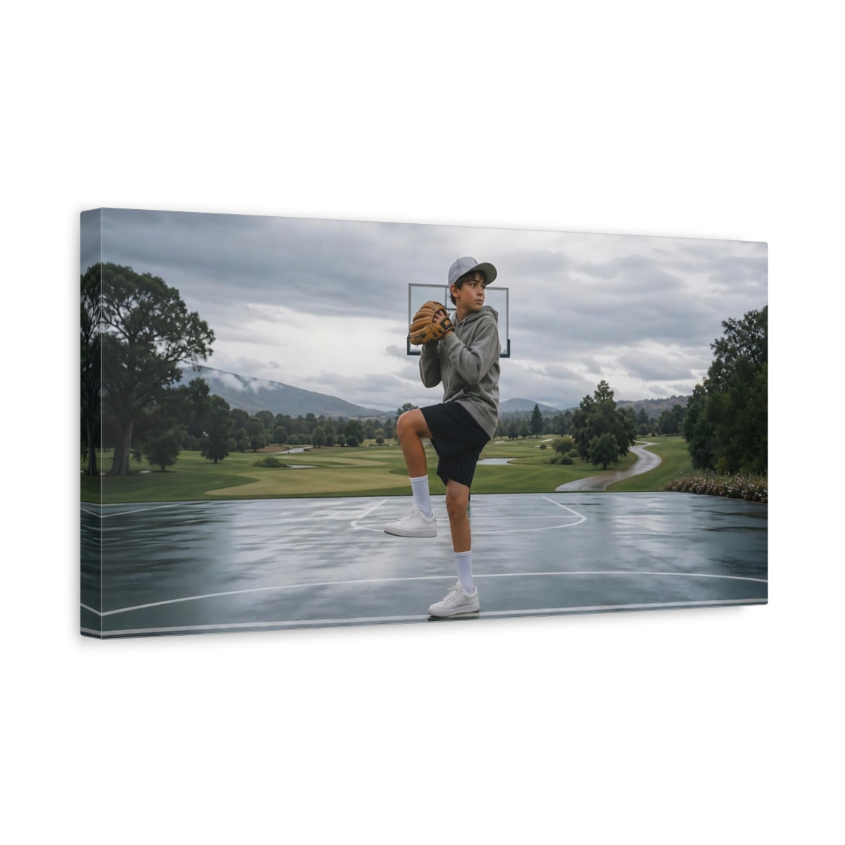 Side Mockup 3. Young Pitcher On Wet Court shown as canvas print