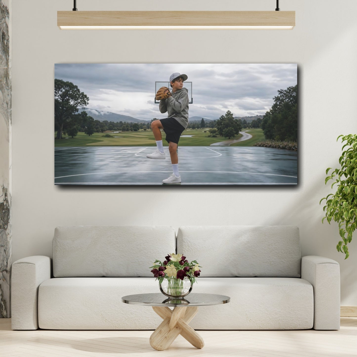 Mockup 2. Young Pitcher On Wet Court shown as canvas print