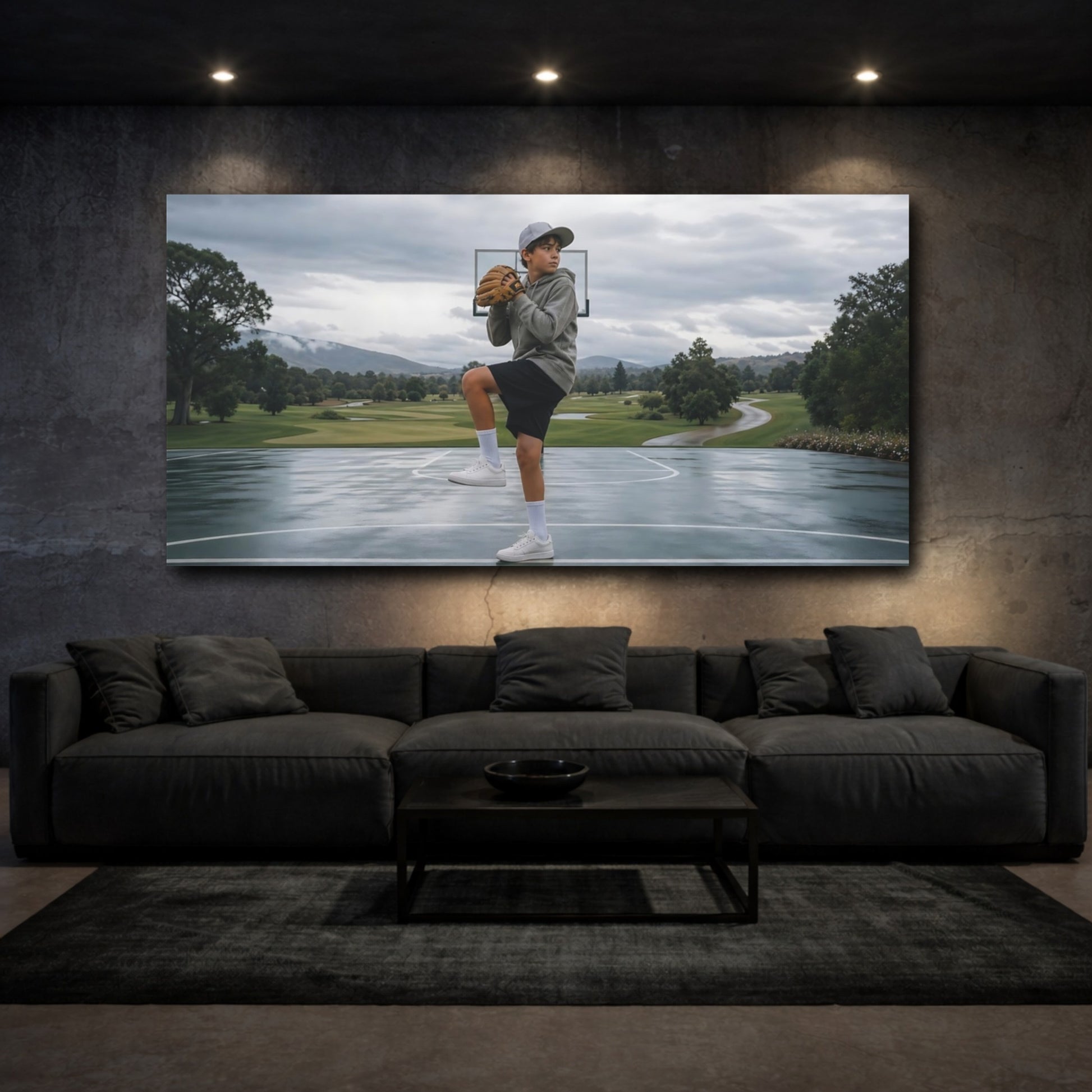 Mockup 3. Young Pitcher On Wet Court shown as canvas print