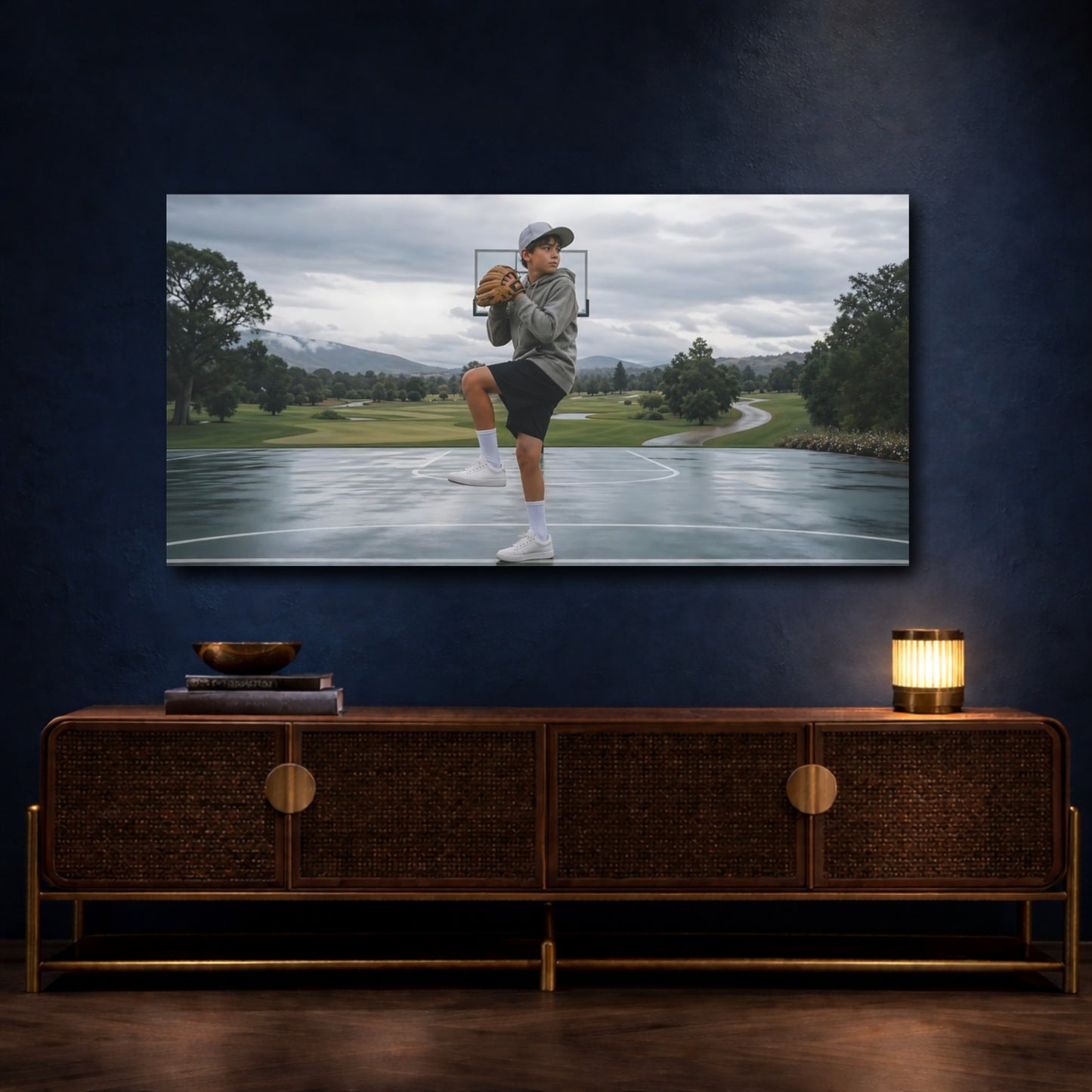 Mockup 4. Young Pitcher On Wet Court shown as canvas print