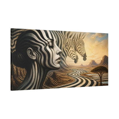 Side Mockup 2. Zebra Woman Illusion shown as canvas print