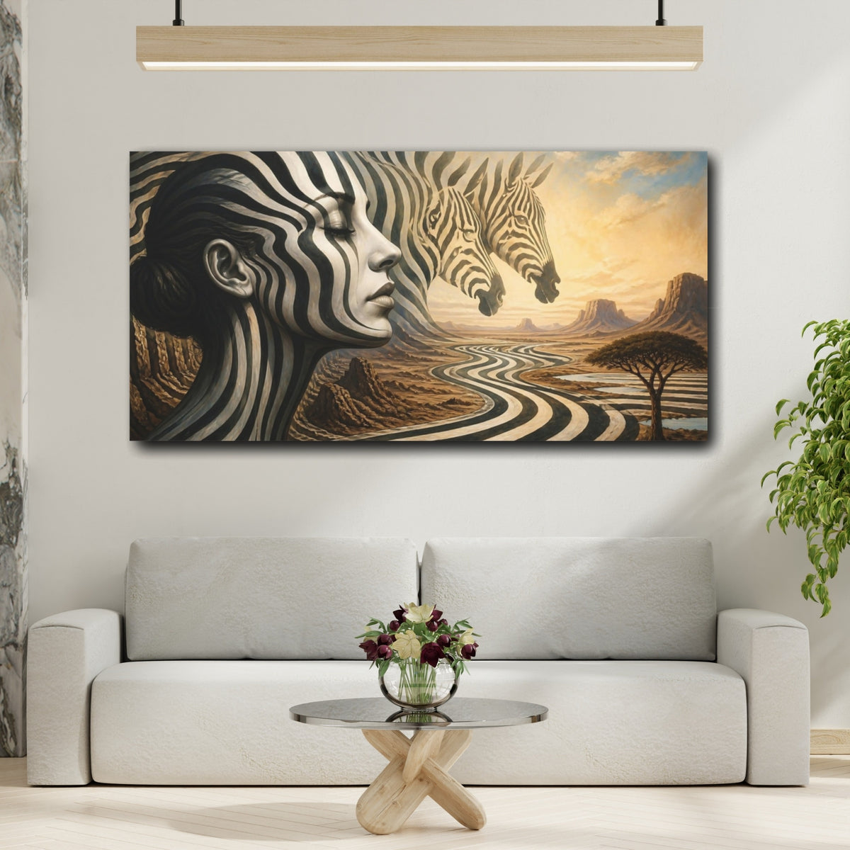 Mockup 2. Zebra Woman Illusion shown as canvas print