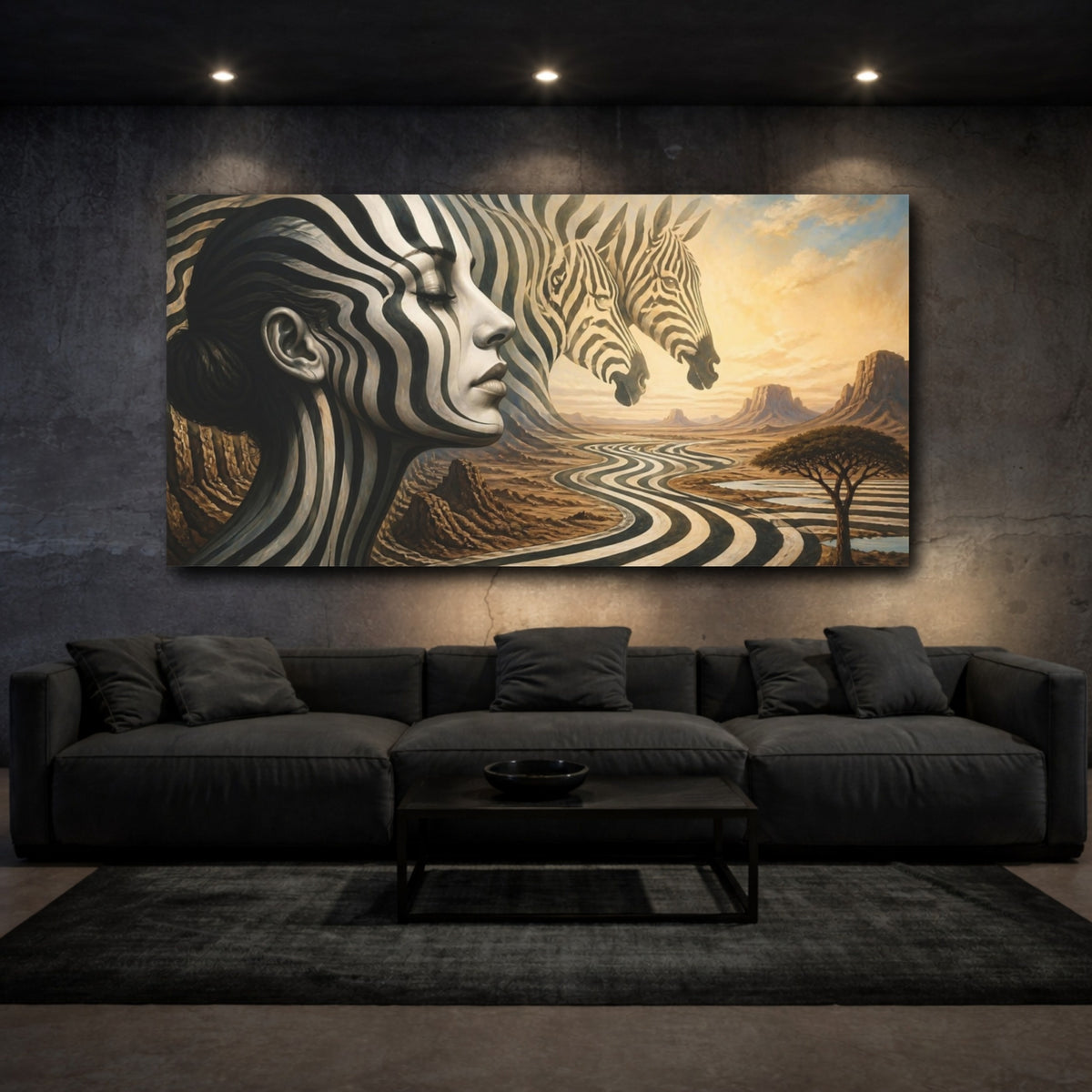 Mockup 3. Zebra Woman Illusion shown as canvas print