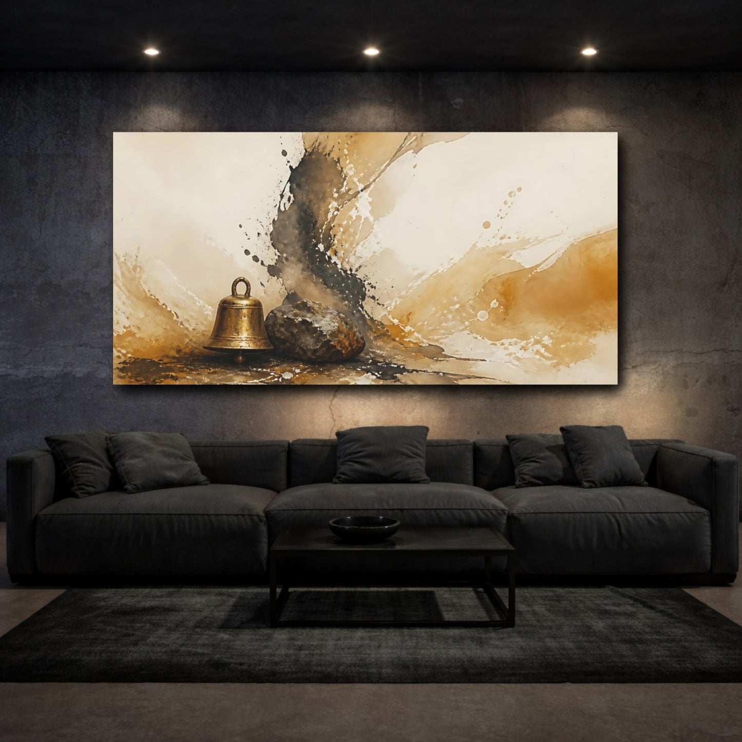Mockup 3. Zen Bell And Stone shown as canvas print