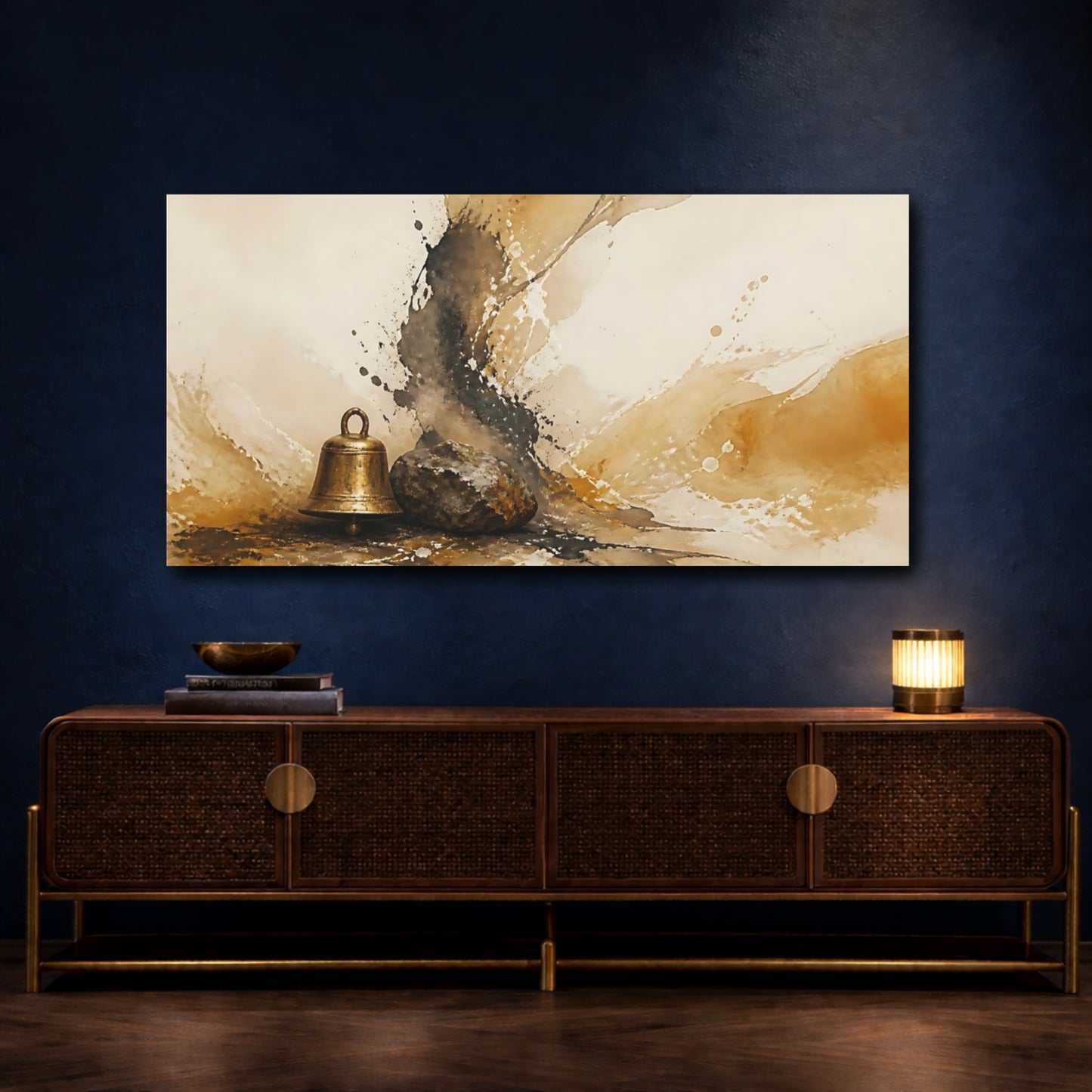 Mockup 4. Zen Bell And Stone shown as canvas print