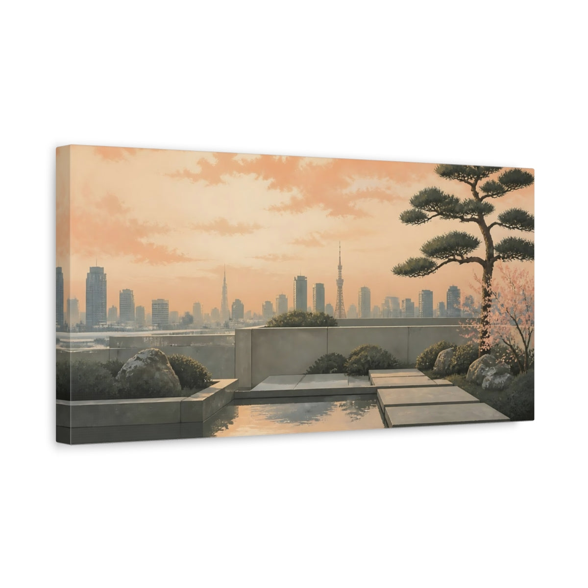 Side Mockup 3. Zen Rooftop Sunset shown as canvas print