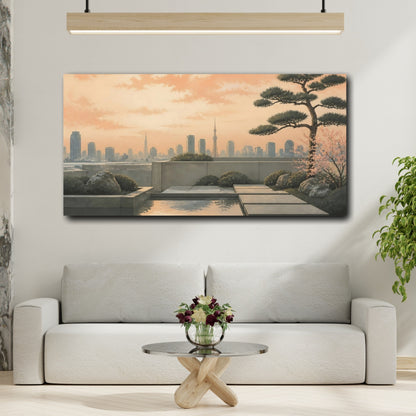 Mockup 2. Zen Rooftop Sunset shown as canvas print