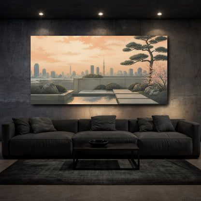 Mockup 3. Zen Rooftop Sunset shown as canvas print