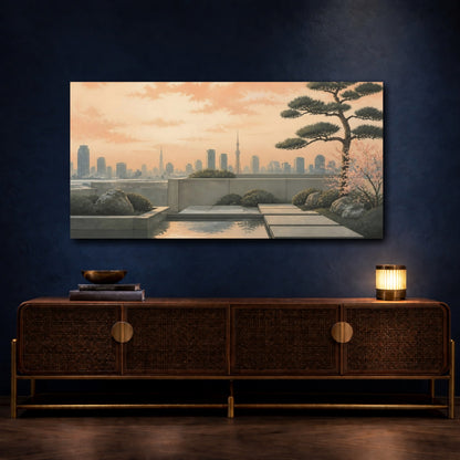 Mockup 4. Zen Rooftop Sunset shown as canvas print