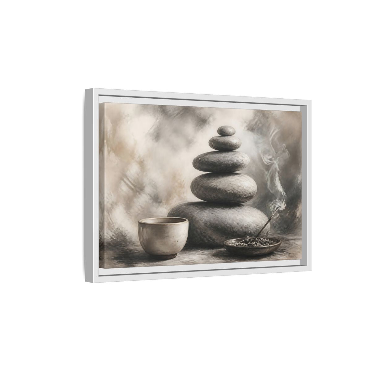 Side Mockup 4. Zen Stone Balance shown as framed canvas print