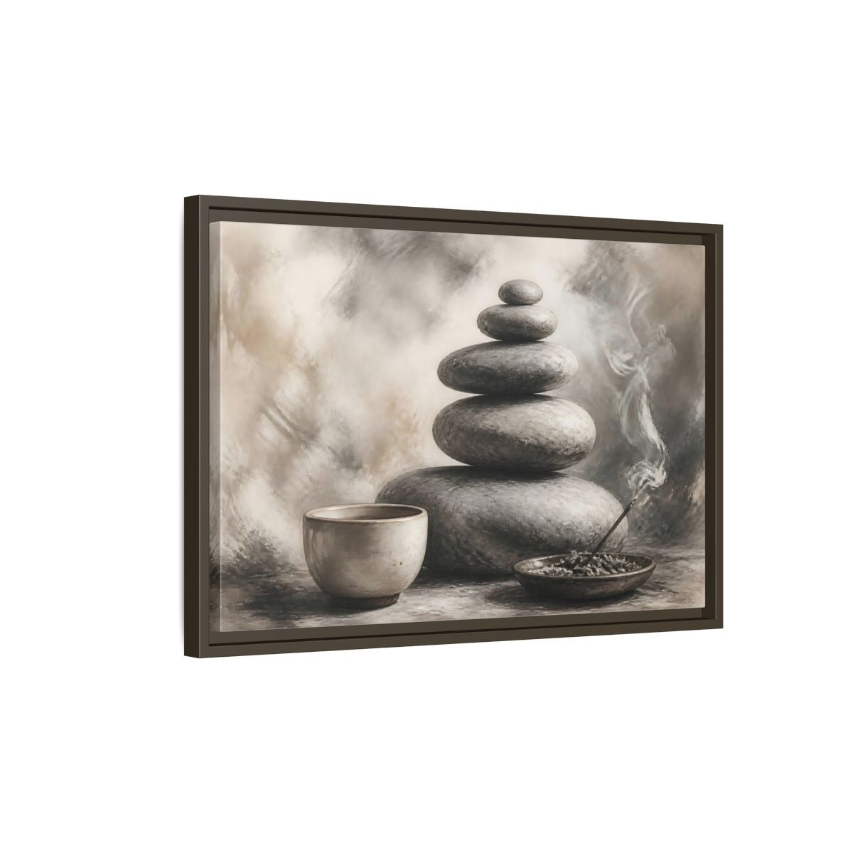Side Mockup 2. Zen Stone Balance shown as framed canvas print