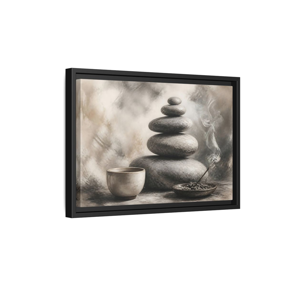 Side Mockup 6. Zen Stone Balance shown as framed canvas print