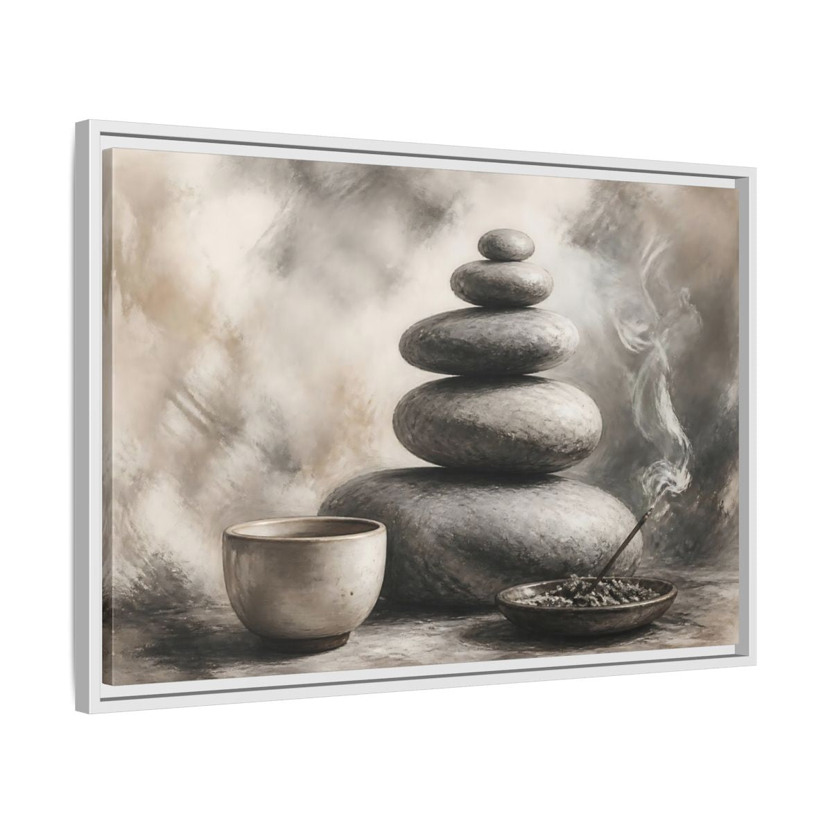 Side Mockup 10. Zen Stone Balance shown as framed canvas print