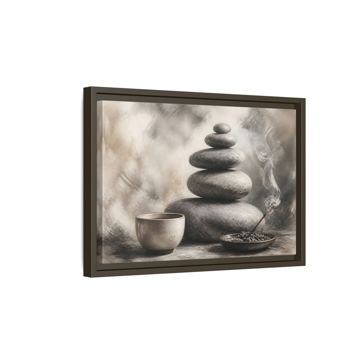Side Mockup 5. Zen Stone Balance shown as framed canvas print