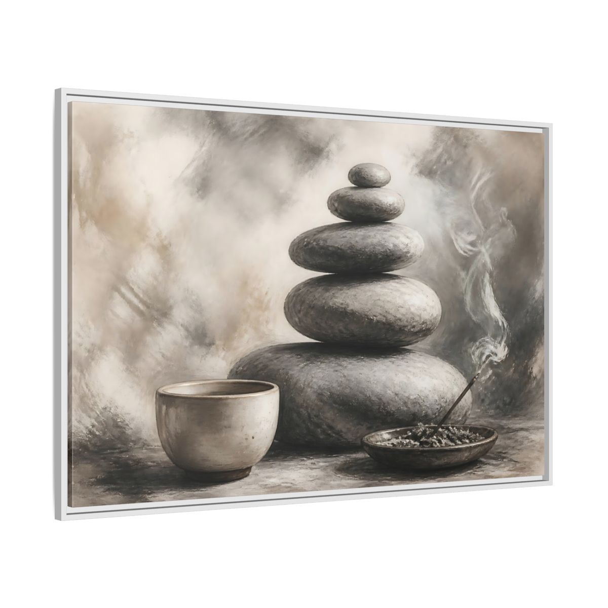 Side Mockup 7. Zen Stone Balance shown as framed canvas print