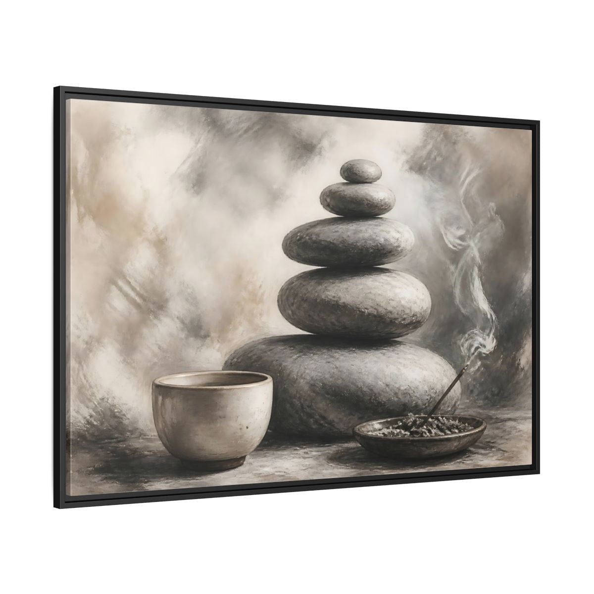 Side Mockup 12. Zen Stone Balance shown as framed canvas print