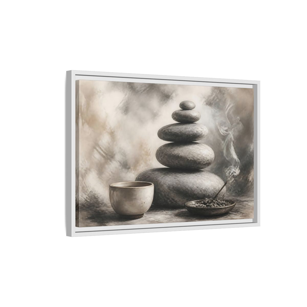 Side Mockup 1. Zen Stone Balance shown as framed canvas print