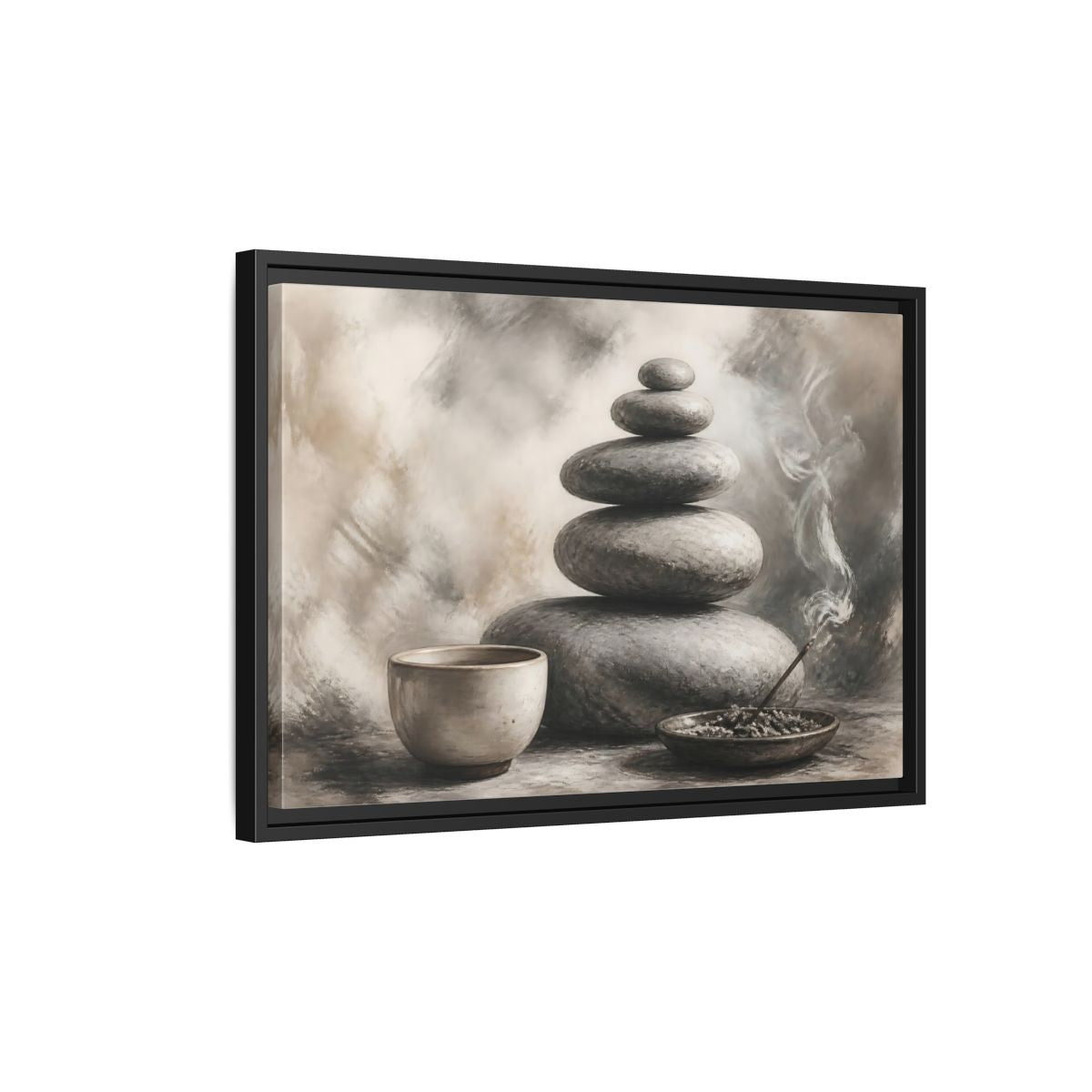 Side Mockup 3. Zen Stone Balance shown as framed canvas print