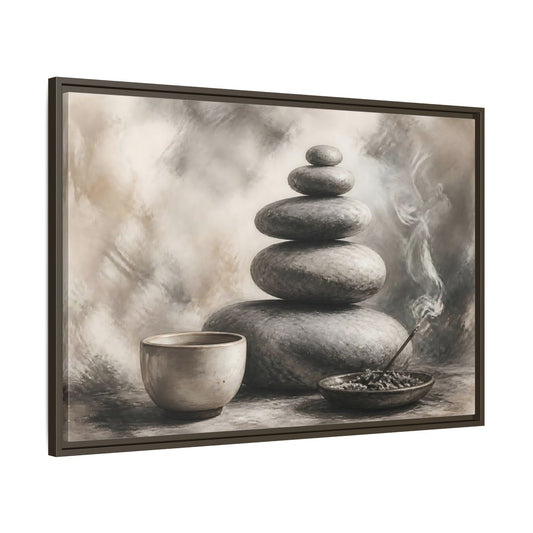 Main Mockup. Zen Stone Balance shown as framed canvas print