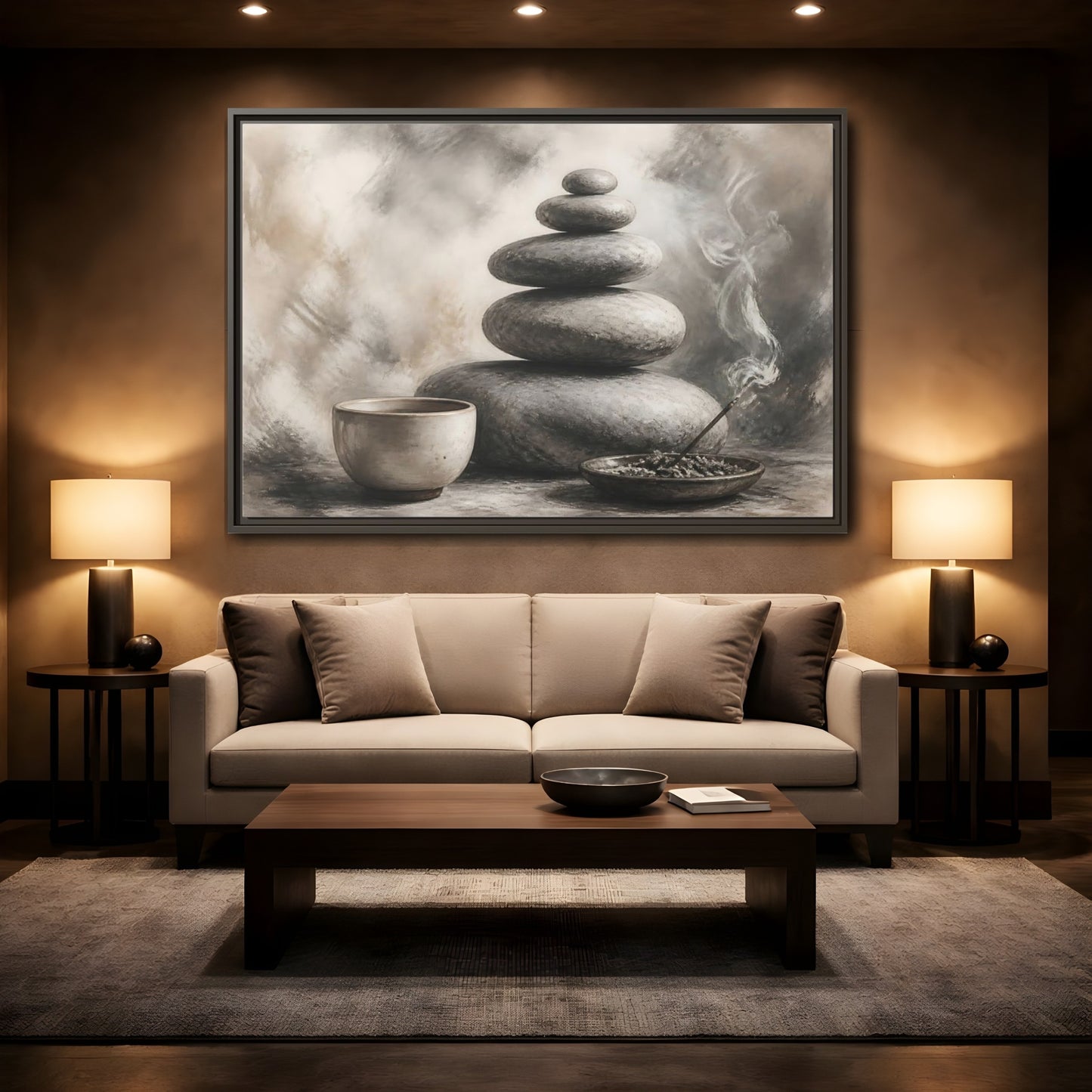Mockup 2. Zen Stone Balance shown as framed canvas print