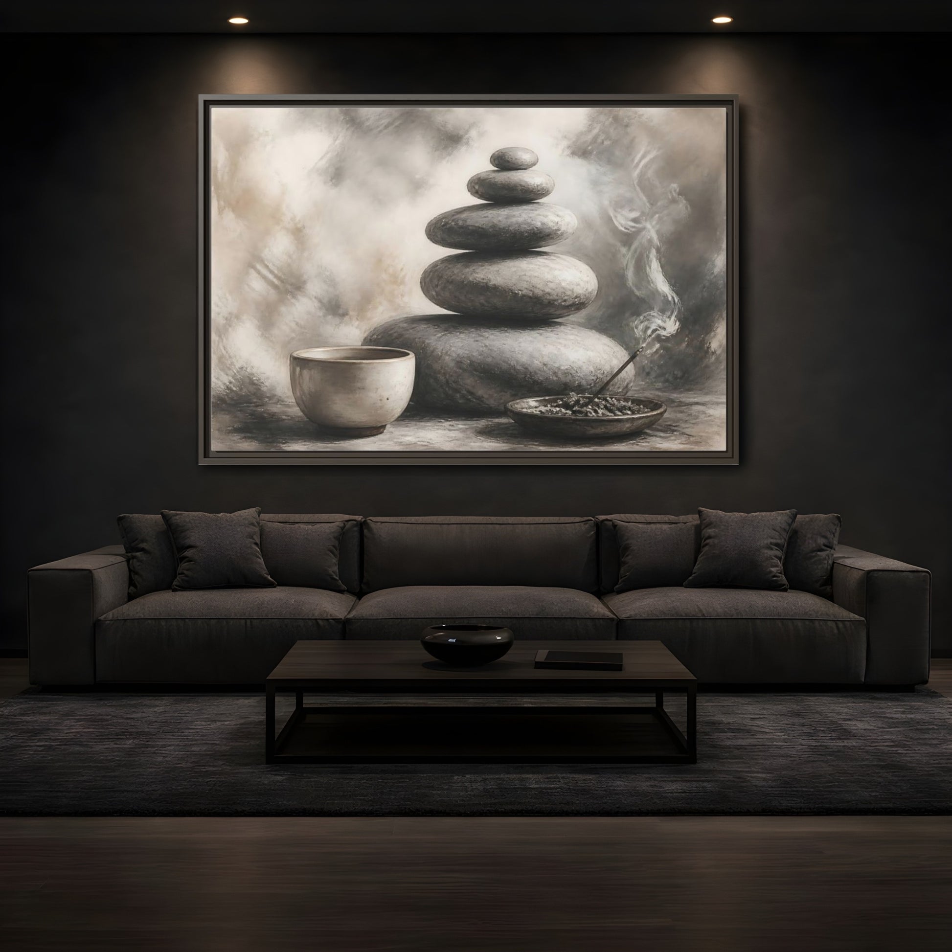 Mockup 3. Zen Stone Balance shown as framed canvas print