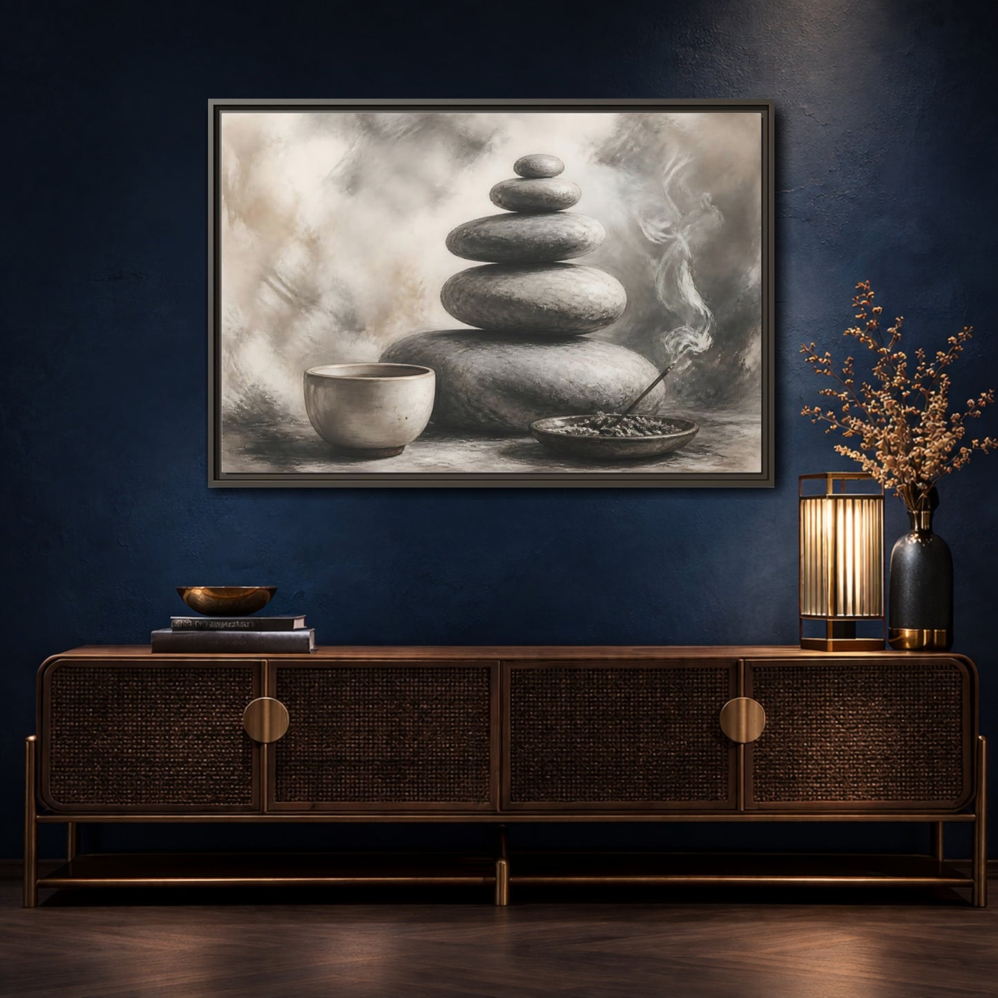 Mockup 4. Zen Stone Balance shown as framed canvas print